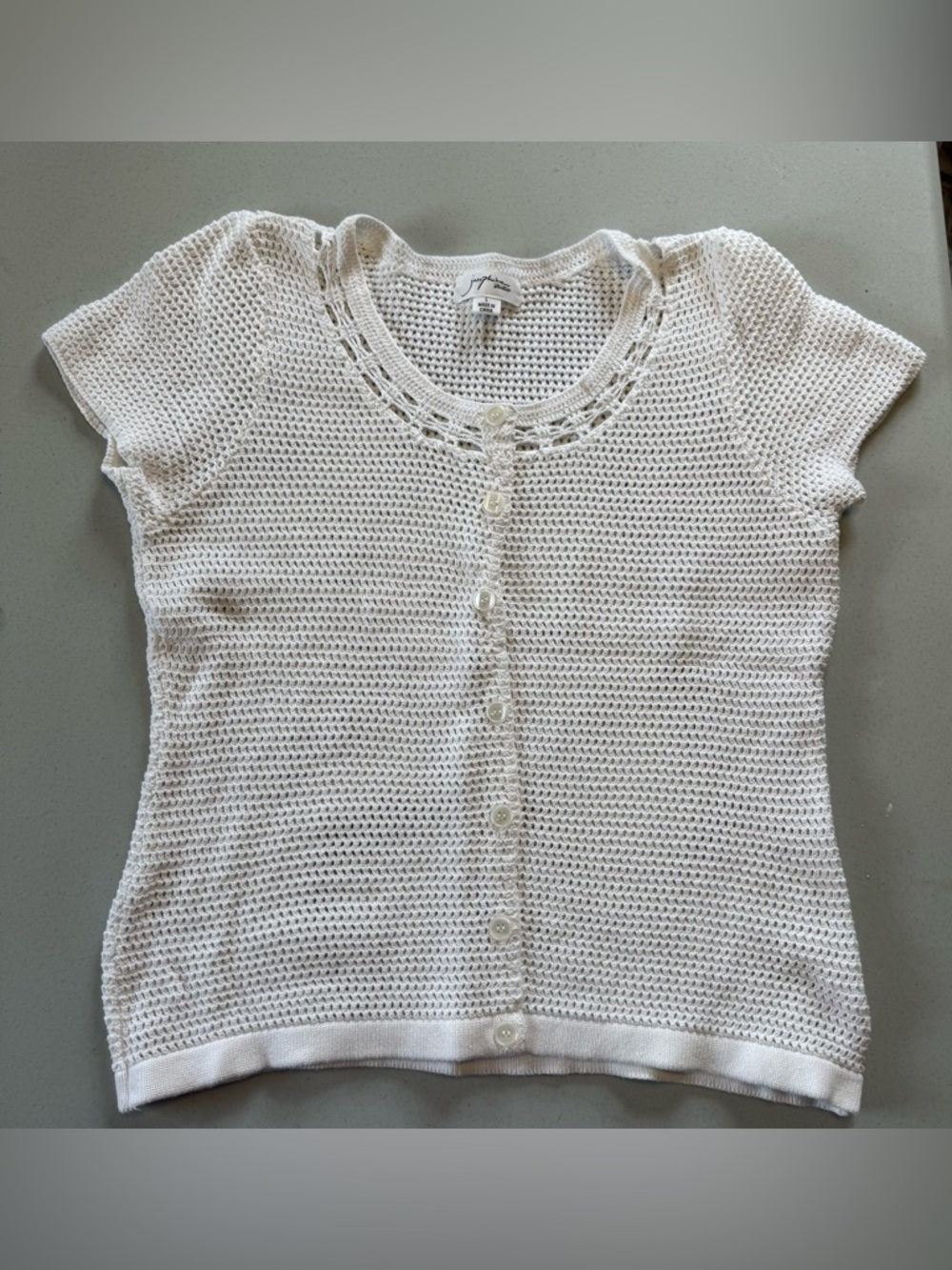 White Open Knit Button-Front Short Sleeve Top